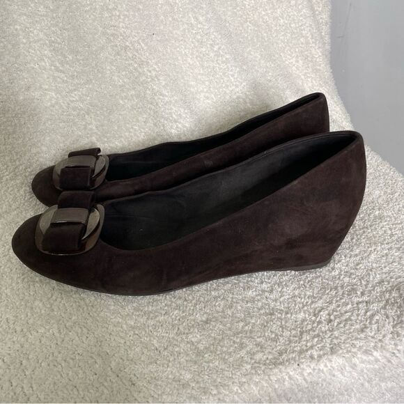 Stuart Weitzman Suede Wedge Bow Shoes Chocolate Brown Women’s Size 10 - Picture 3 of 6